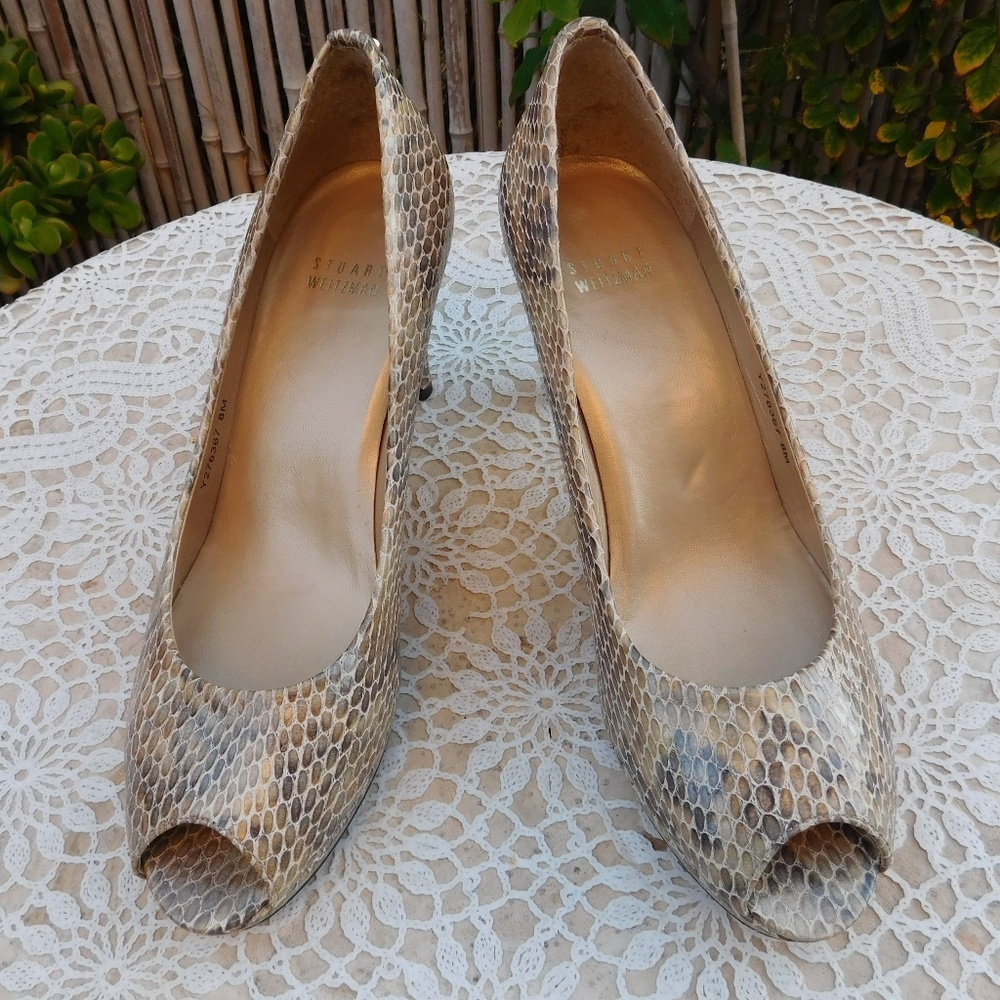 Stuart Weitzman Snakeskin Peep Toe Shoes Platform - Picture 1 of 5